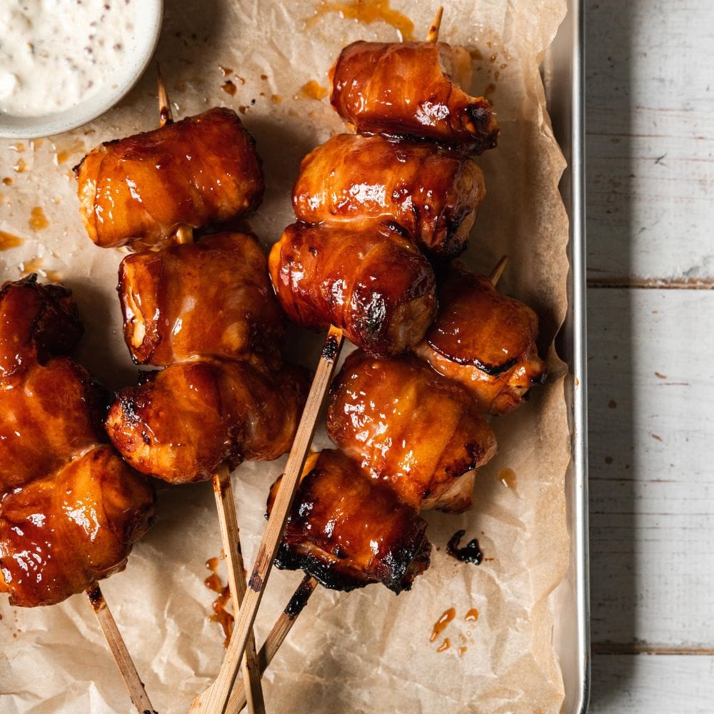 BBQ Chicken and Bacon Skewers Served with Sauce