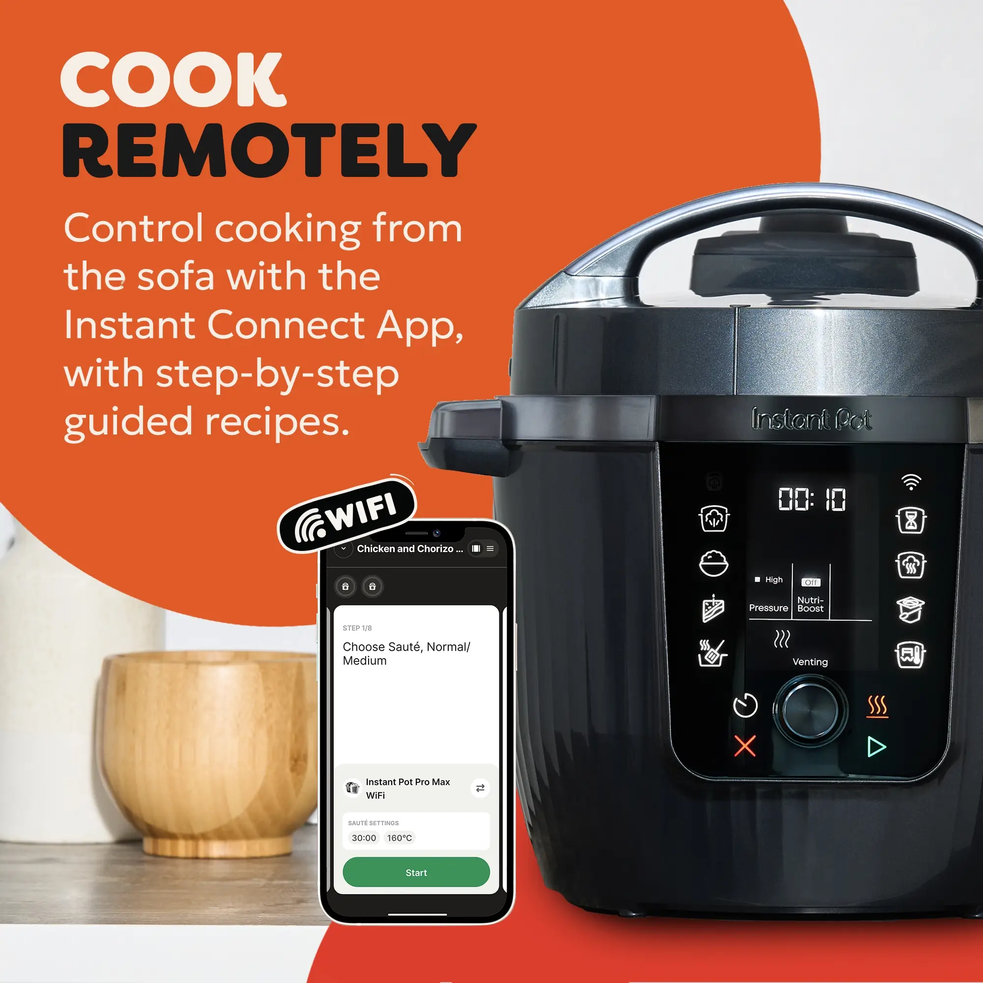Instant Pot Pro 5.7L Multi-Cooker. Cook remotely with the Instant connect app, with step-by-etsp guided recipes.