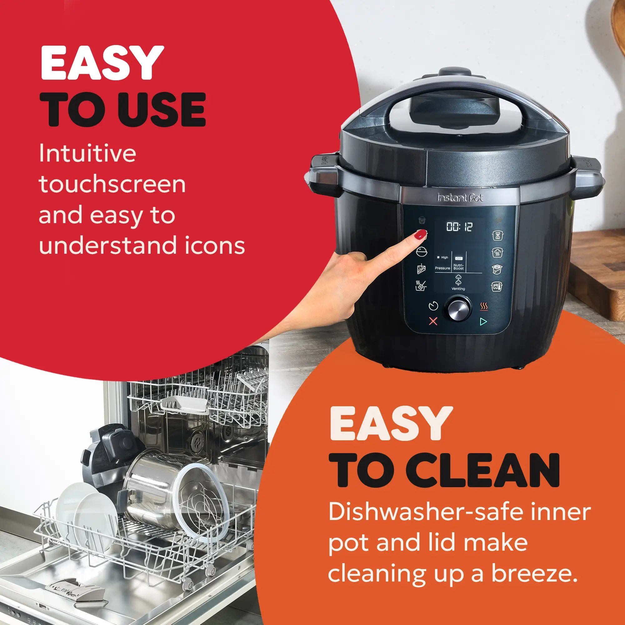 Instant Pot Pro 5.7L Multi-Cooker. Easy to use with intuitive touchscreen and easy to understand icons. Easy to clean dishwasher safe inner pot and lid make cleaning a breeze.