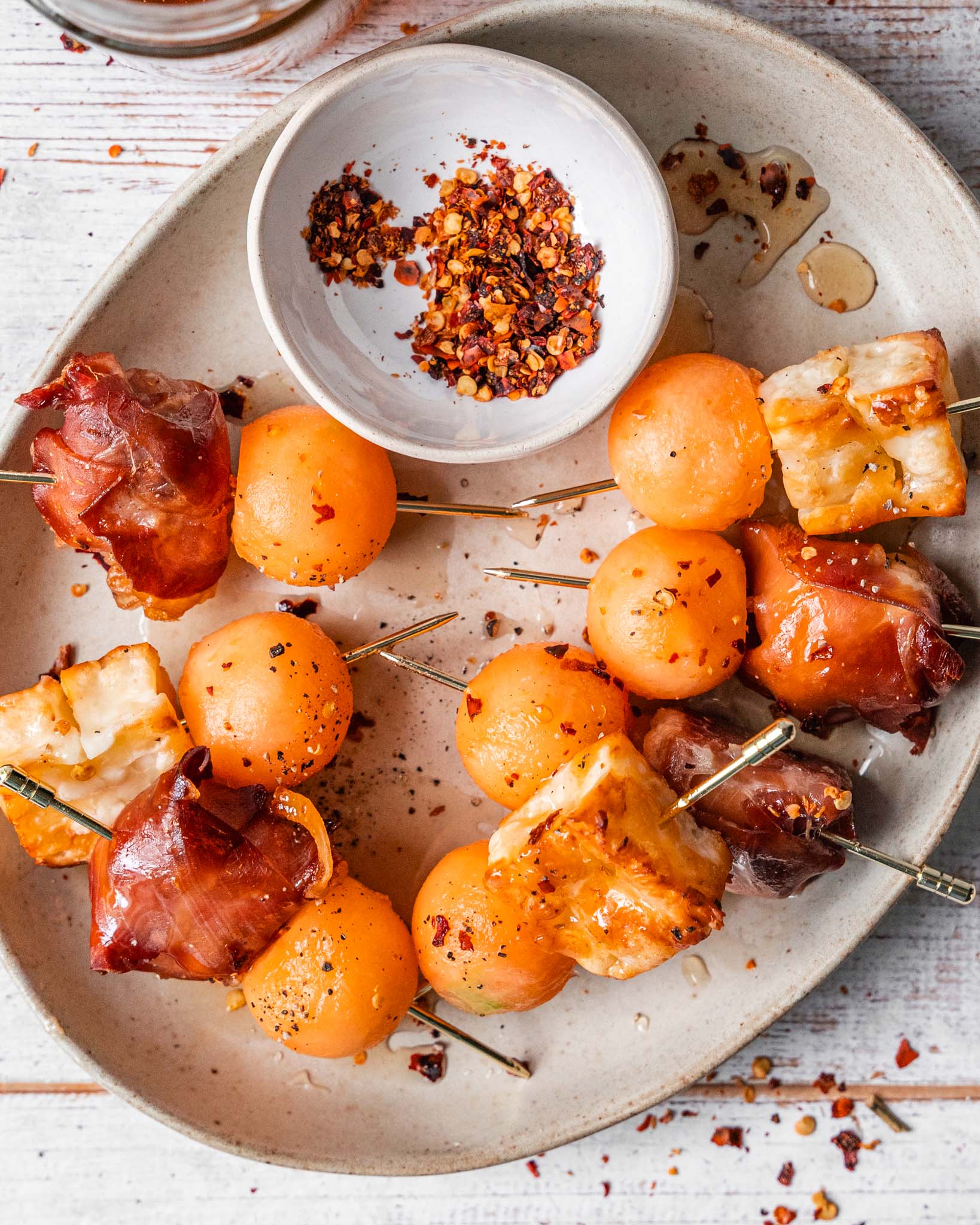 Crispy Prosciutto Halloumi and Melon Skewers