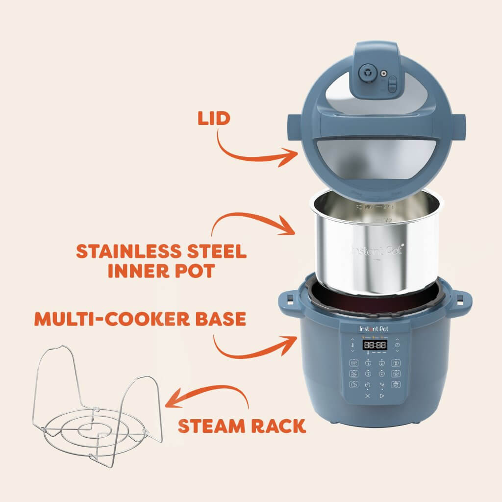 In the box is the multi-cooker base, stainless steel inner pot, lid and steam rack