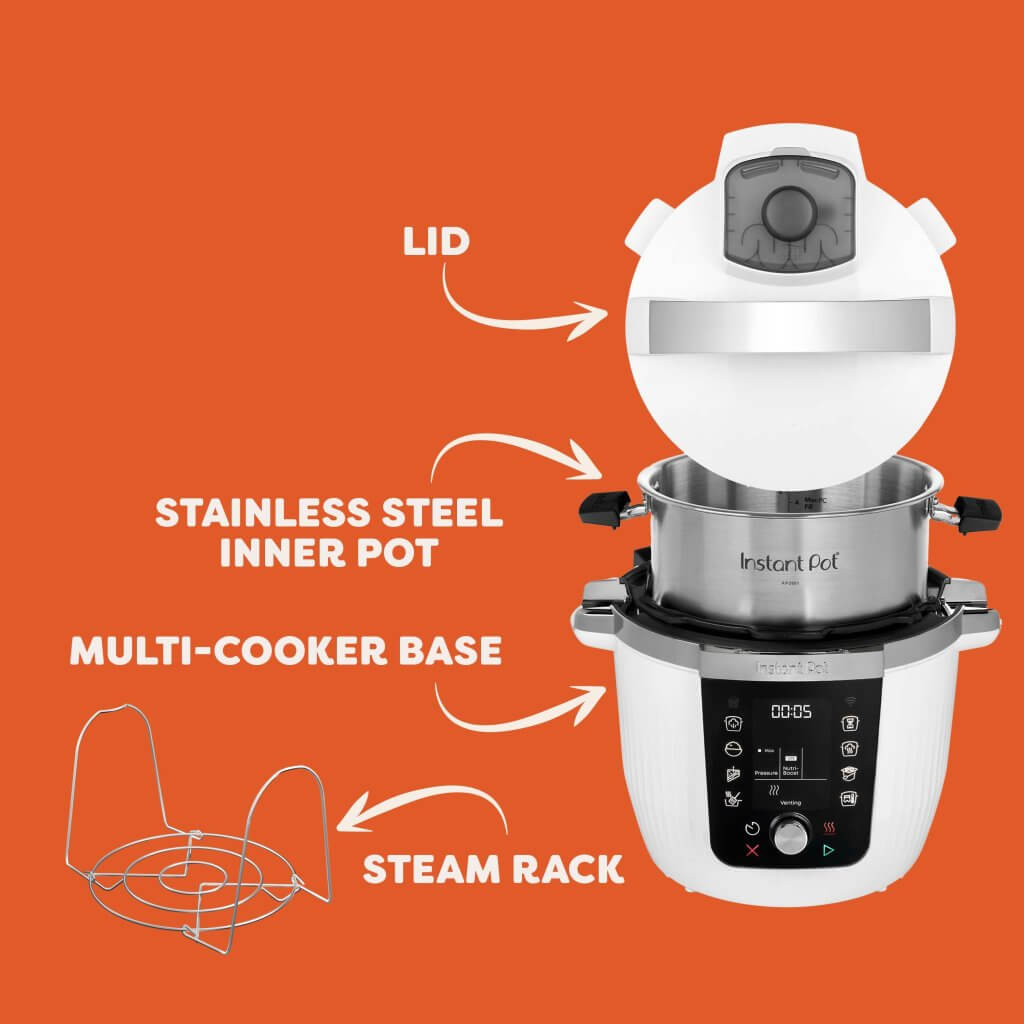 The box contains the multi-cooker base, stainless steel inner pot, lid and steam rack