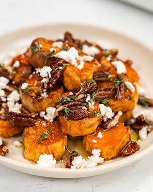 Slow Roasted Sweet Potatoes with Warm Honey, Pecan & Feta Dressing