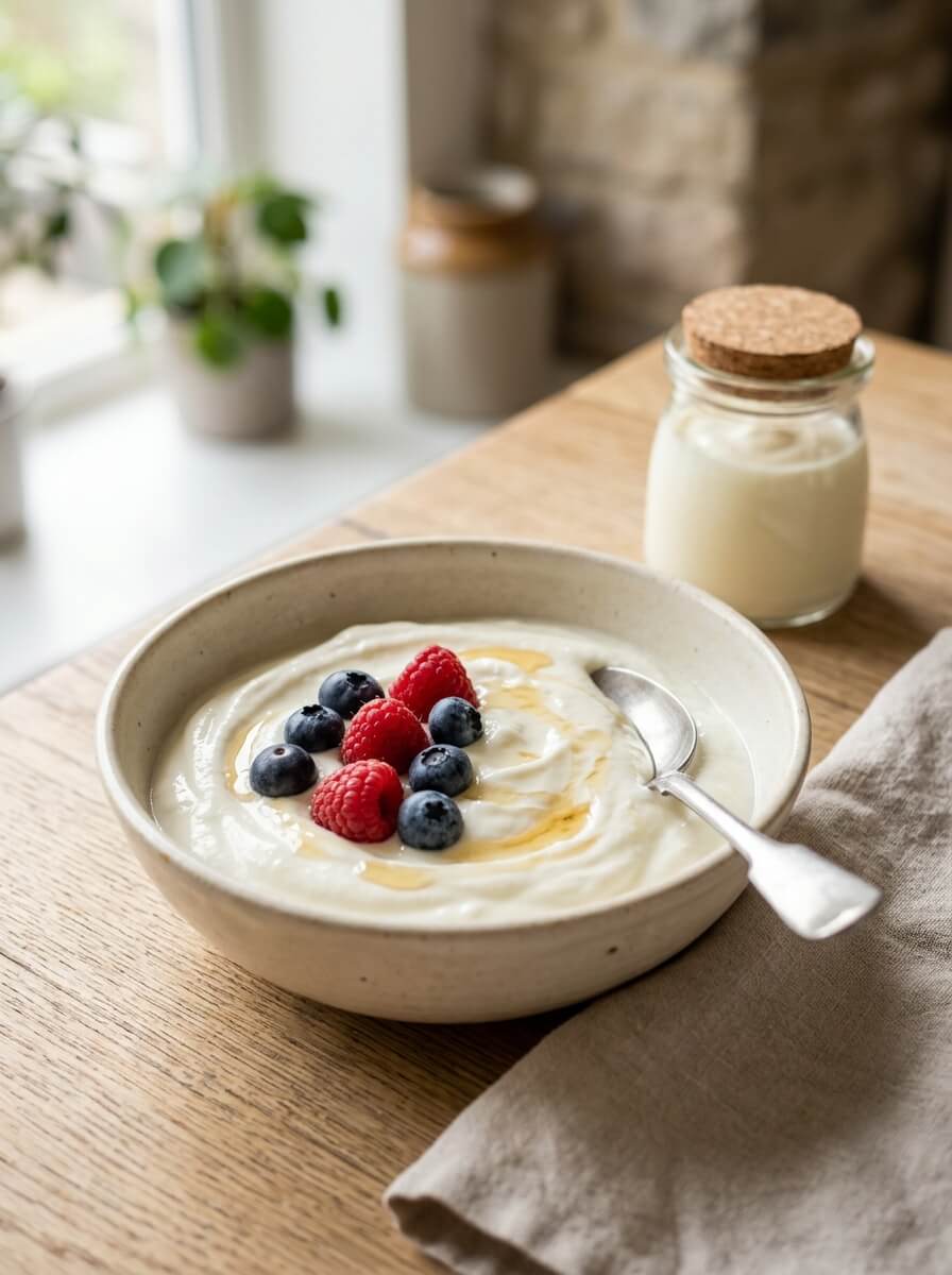 Bowl of creamy homemade Instant Pot yoghurt with fresh berries and honey